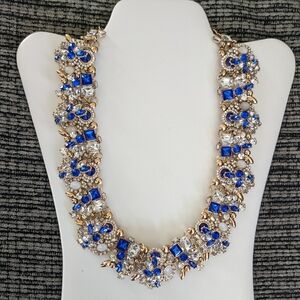 Gold Tone CZ Crystal Statement Necklace Blue Clear Rhinestone Collar